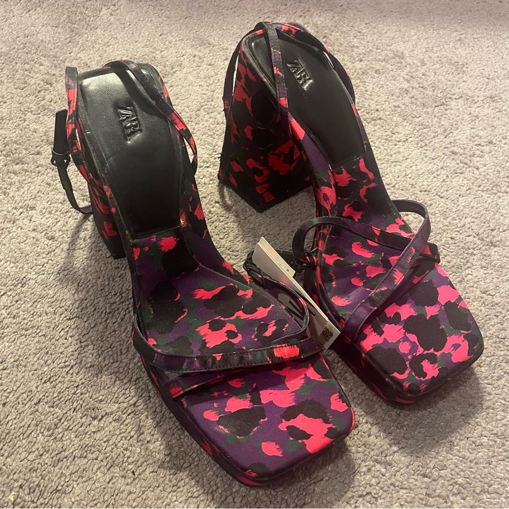 Zara Chunky Animal Print Platform Block Heels